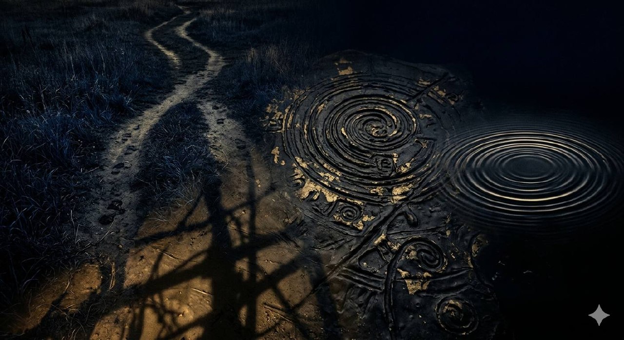 Abstract dark composition of overlapping traces — worn paths, pressed grooves, and spreading rings — in deep navy, gold, and grey, lit by a dim amber glow.