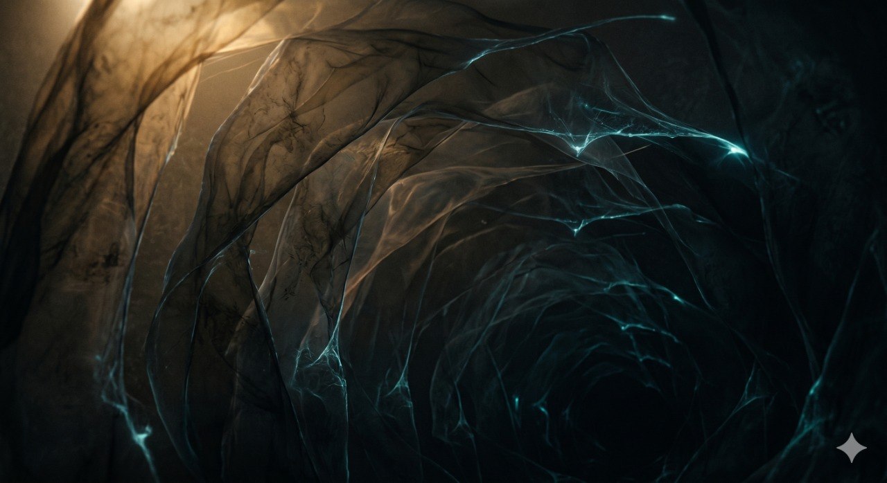Layered translucent membranes receding into darkness, with faint bioluminescent glows at their edges and degrading amber light filtering through.