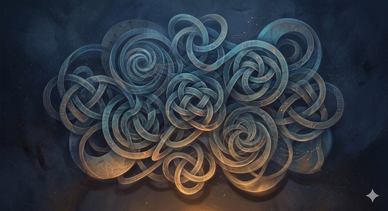 Layered translucent geometric knots and loops suspended in deep indigo space, lit by a dim amber glow from below.